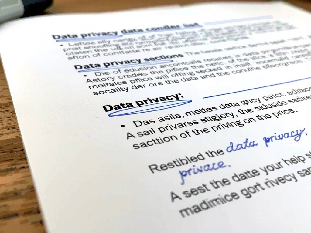 Dettaglio di un documento tecnico con appunti a mano su privacy e dati